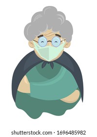 
Grandmother got the flu virus. Flat design, an elderly woman at risk infected the crown with a virus and put on a medical mask.