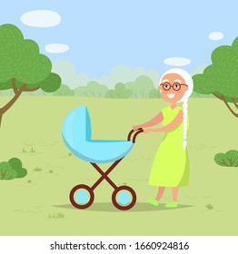 Grandmother with grandchild in baby buggy in park or forest have walk. Blue pram with plastic wheels. Happy person outdoor. Vector illustration in flat style