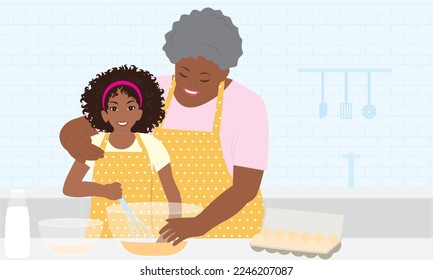 Grandmother and grandchild cooking together