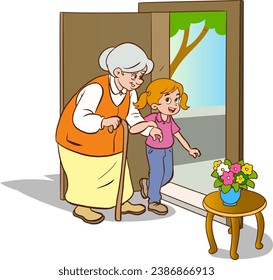 Grandmother and grandchild going out of the house.Vector illustration