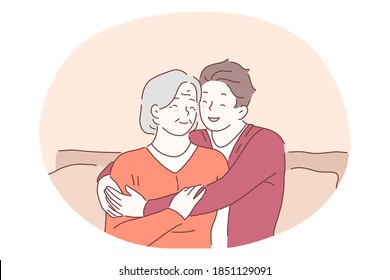 Grandmother and grandchild, happy family, generations concept. Happy smiling boy teen cartoon character sitting on sofa and embracing elderly senior woman grandmother and expressing love and care