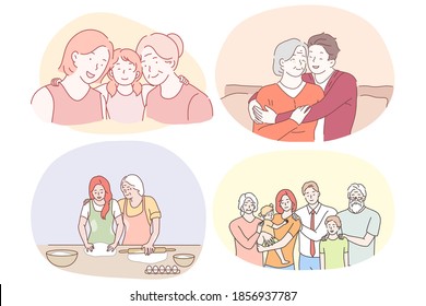 Grandmother and grandchild, happy family with grandparents concept. Happy smiling grandparents helping children in cooking, feeling love from relatives and making family photo together illustration