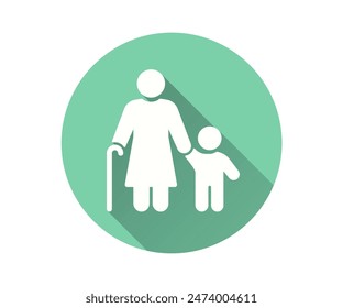 Grandmother and grandchild icon, vector flat design with long shadow. Showcases a senior woman holding the hand of a young child, set within a green circle