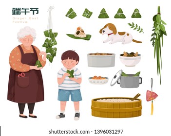 Grandmother and grandchild making rice dumplings together with different ingredients, Dragon Boat Festival written in Chinese character