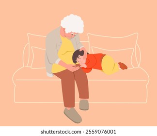 Grandmother and grandchild sleeping on the sofa