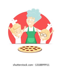 Grandmother with grandchildren bakes Italian pizza. Vector illustration.