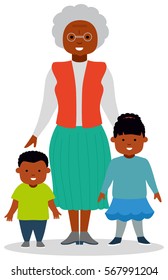 Grandmother with grandchildren, a boy and a girl. African-American family. African ethnic people. White background. Flat vector illustration