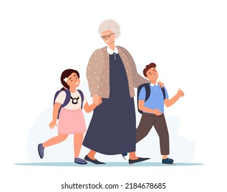 Grandmother and grandchildren going together.Old retired woman leading kids to school,holding by hand.Granny support her children with backpack walking.Vector illustration isolated on white