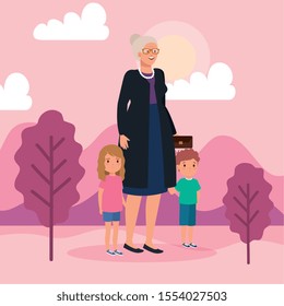 grandmother with grandchildren in landscape scene vector illustration design