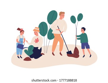 Grandmother with grandchildren plant a garden. Save ecology concept, environment help. Family dig, plant, water, spend time outdoors. Flat vector cartoon illustration isolated on white background