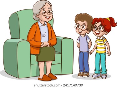 Grandmother and grandchildren sitting in armchair. Vector illustration of grandmother and grandchildren.