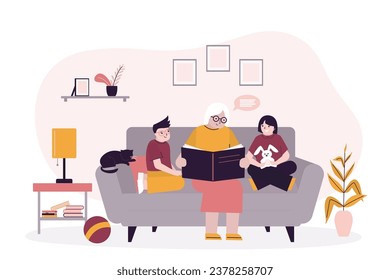 Grandmother with grandchildren sitting on sofa, family time. Granny reading fairytale story book to little kids. Happy family, childhood. Living room interior with furniture. flat vector illustration