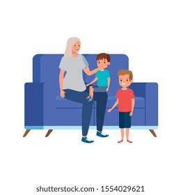 grandmother with grandchildren sitting in sofa vector illustration design