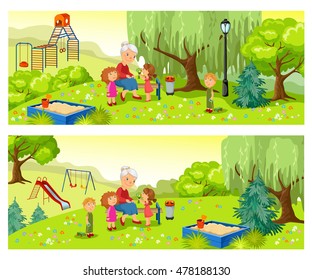 Grandmother and grandchildren spend time relaxing in nature. Rest in the park.