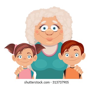 Grandmother and grandchildren. Vector flat illustration