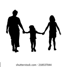 Grandmother with grandchildren walking in park vector silhouette illustration.On the way to school. svg