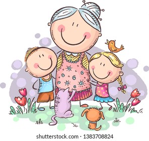  grandmother with grandchilren and pets, colorful vector clipart, no gradients