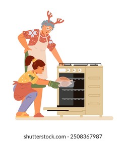 Grandmother with granddaughter baking turkey in gas stove for Christmas dinner flat vector illustration isolated on white. Family preparing for Christmas celebration.