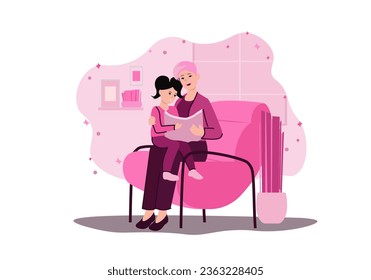 Grandmother and granddaughter concept with people scene in the flat cartoon design. Grandma spends a lot of time with her little granddaughter and reads her fairy tales. Vector illustration.