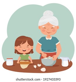 Grandmother and granddaughter cooking in the kitchen together. Vector flat cartoon illustration.