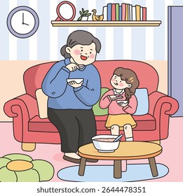 Grandmother and Granddaughter Enjoying a Meal Together Indoors