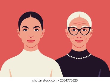 A grandmother and granddaughter.  The faces of a young and elderly women. The aging process. Latin American ethnicity. Vector flat Illustration - Shutterstock ID 2054773625