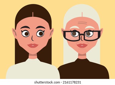 A grandmother and granddaughter. The faces of a young and elderly women. The aging process. Latin American ethnicity. Vector flat Illustration.