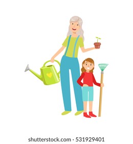 Grandmother And Granddaughter Gardening, Part Of Grandparent And Grandchild Passing Time Together Set Of Illustrations