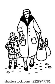 Grandmother with granddaughter go shopping. SImple line vector illustration.