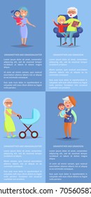 Grandmother and granddaughter with grandfather and grandson set of posters with senior lady and gentleman walking with grandchildren vector