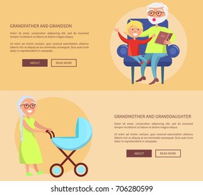 Grandmother and granddaughter with grandfather and grandson set of posters with senior lady and gentleman walking with grandchildren vector