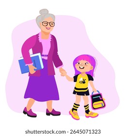 Avó e neta estão de mãos dadas e caminhando até a escola. Cena familiar, cuidados, paternidade. Uma amorosa avó e uma criança passeando, falando e sorrindo. Ilustração plana vetorial.