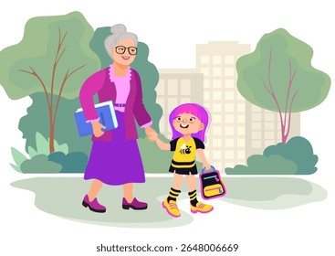 Avó e neta estão de mãos dadas e caminhando até a escola pelo parque. Cena familiar, cuidados, paternidade. Uma avó e uma criança amorosas estão conversando e sorrindo. Ilustração plana vetorial.
