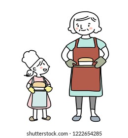 Grandmother And Granddaughter Holding A Tray Of Freshly Baked Bread. Smiling Mature Woman And Little Girl With Aprons Carrying Homemade Breads. Little Chef And Her Grandmother Baking Bread Together.