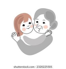 Abuela y nieta se abrazan.  Feliz día de los abuelos. Ilustración de tarjeta de doodle vectorial