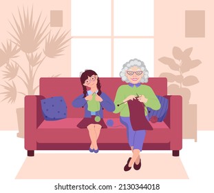 Grandmother and granddaughter are knitting together, sitting on the couch. Elderly woman teaches a little girl to knit. Window and silhouettes of potted flowers in the background. Vector illustration