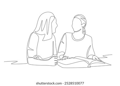 Grandmother and granddaughter looking at photo album. Photo album concept one-line drawing
