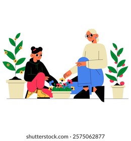 Grandmother And Granddaughter Planting Flowers Together In Flat Vector Illustration Symbolizing Gardening, Family Bond, And Nature Care, Isolated On White Background