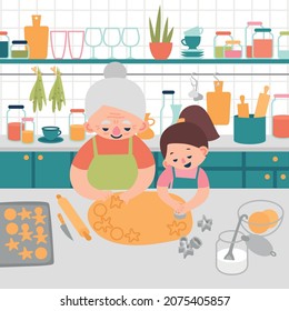 Grandmother and granddaughter prepare cookies in the kitchen flat vector illustration