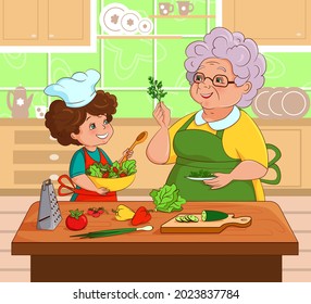 Grandmother and granddaughter prepare salad together in the kitchen. Vector illustration in cartoon style, flat, comic