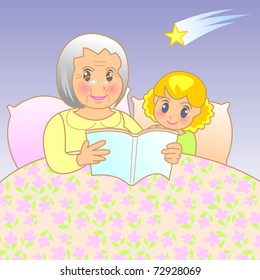 Grandmother and granddaughter reading before going to sleep at night