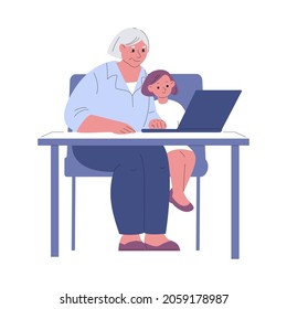 Grandmother and granddaughter are sitting with a laptop. Vector illustration in a flat style.