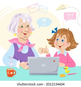 Grandmother and granddaughter are sitting at the table with a laptop. In cartoon style. Isolated on white background. Vector flat illustration.