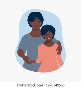 Grandmother and granddaughter smiling happy, African American race, old age woman and young girl, Family relationship seniors and their children's. Concept, sticker,  minimalism, vector