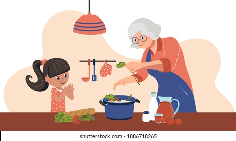 Grandmother and granddaughter spend time together in the kitchen. The child is on school holidays. Vector illustration