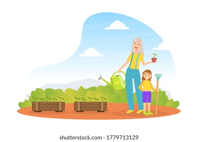 Grandmother And Granddaughter Working in Garden and Watering Seedlings, Grandparent and Grandchild Having Good Time Together Cartoon Vector Illustration
