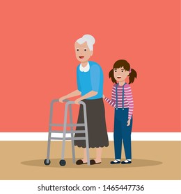 grandmother with granddaugther love walking vector illustration