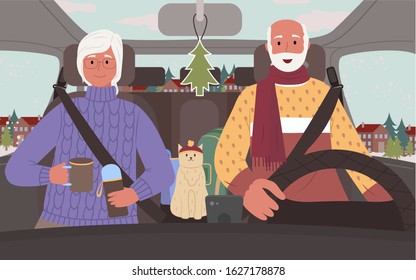 Grandmother and grandfather in car driving in search of adventures. Senior people in vehicle with cat, man and woman on winter vacations. Lady pouring hot tea from thermos. Traveling couple vector