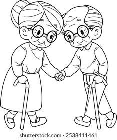 grandmother and grandfather cartoon coloring page.vector illustration isolated on white background