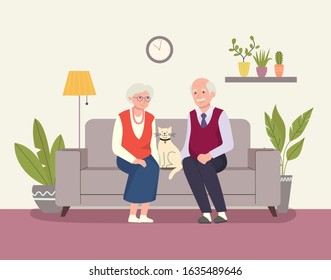 Grandmother, grandfather and cat sitting on the couch . Vector flat illustration